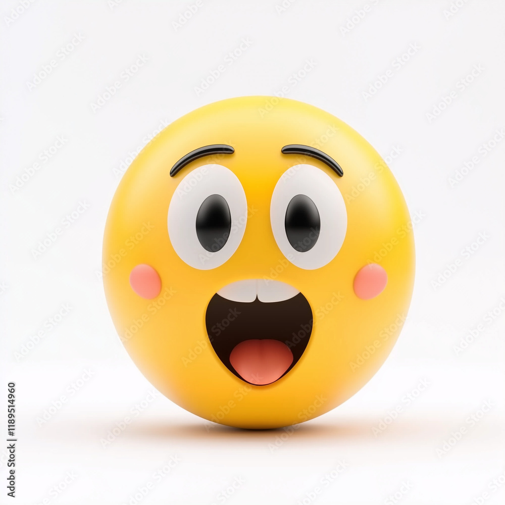 Fototapeta premium Yellow emoji with a cheerful face, open mouth, and wide eyes, depicting excitement and happiness, placed against a plain white background
