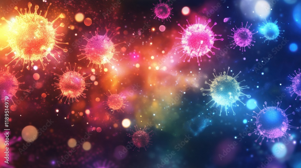 Obraz premium Viruses engaging with human cells under colorful illumination in a microscopic environment. Generative AI
