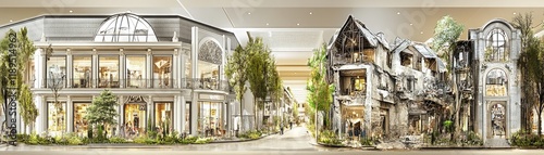 Contrasting Architectural Styles Modern and Rustic Buildings in Urban Setting