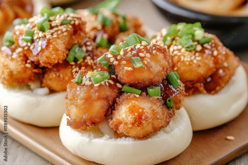 close up of fried chicken bao buns with sesame seeds and green onions close up of fried chicken bao buns with sesame seeds and green onions
