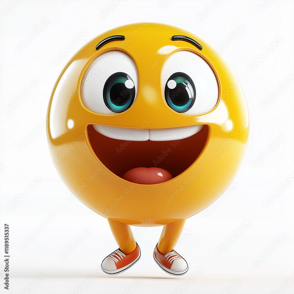 Naklejka premium Yellow emoji with large sparkling eyes, an open-mouth smile, and tiny legs, radiating excitement and joy, set against a white background
