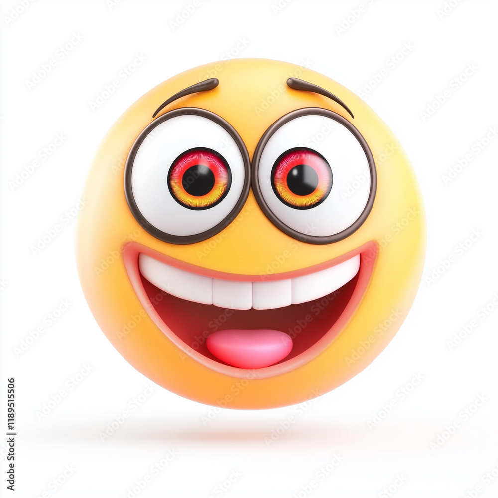 Fototapeta premium Yellow emoji with wide eyes, open-mouth smile, and a surprised joyful expression, radiating energy and fun, set on a white background