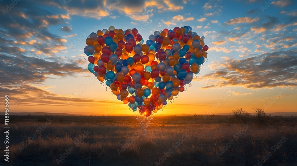 Fototapeta premium Heart-shaped balloons sunset desert romance