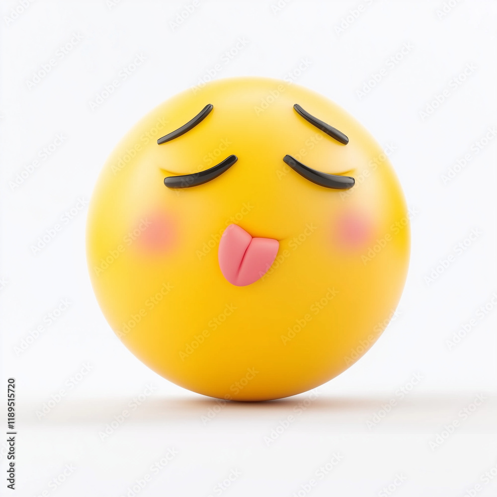 Fototapeta premium Yellow emoji with closed eyes, rosy cheeks, and its tongue sticking out, radiating satisfaction or silliness, isolated on a white background