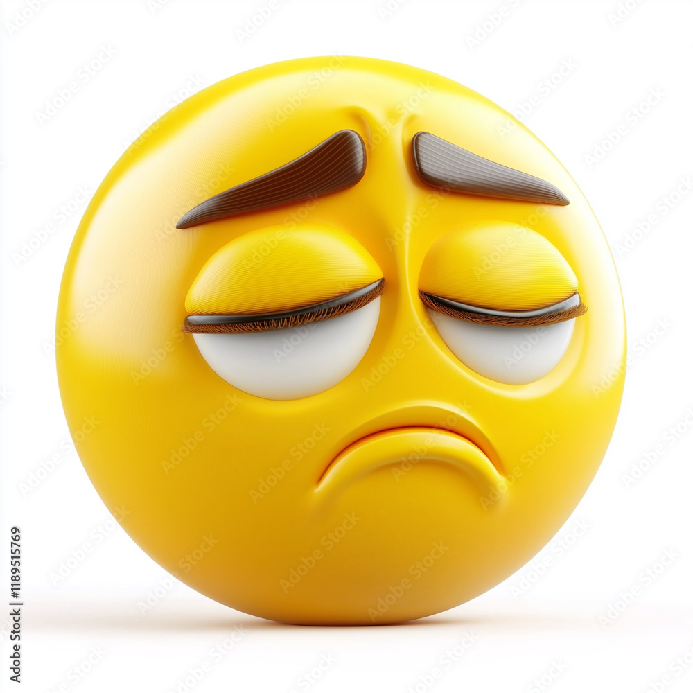 Yellow emoji with drooping eyebrows and a frown, showcasing a feeling of regret or sadness, isolated on a white background Yellow emoji with drooping eyebrows and a frown, showcasing a feeling of regret or sadness, isolated on a white background
