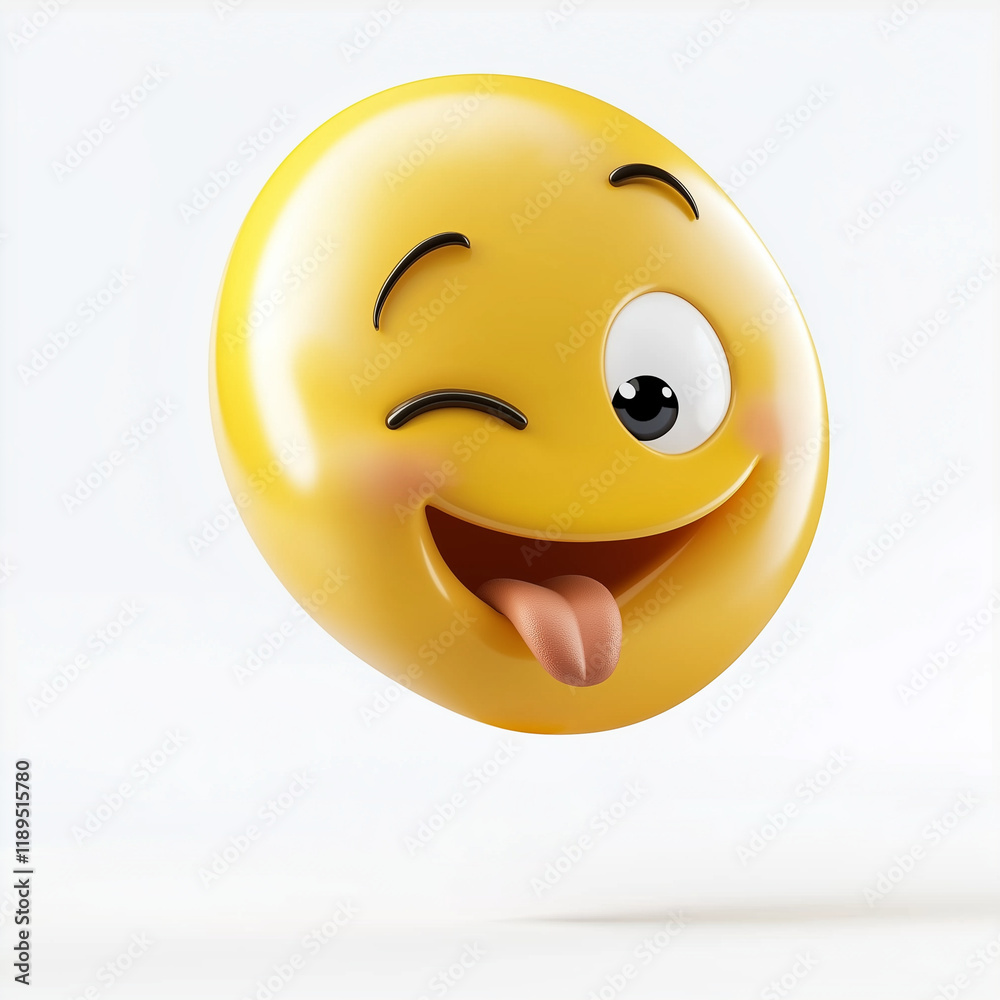 Fototapeta premium Yellow emoji with a winking eye, a big smile, and its tongue sticking out, radiating fun and mischief, isolated on a clean white background