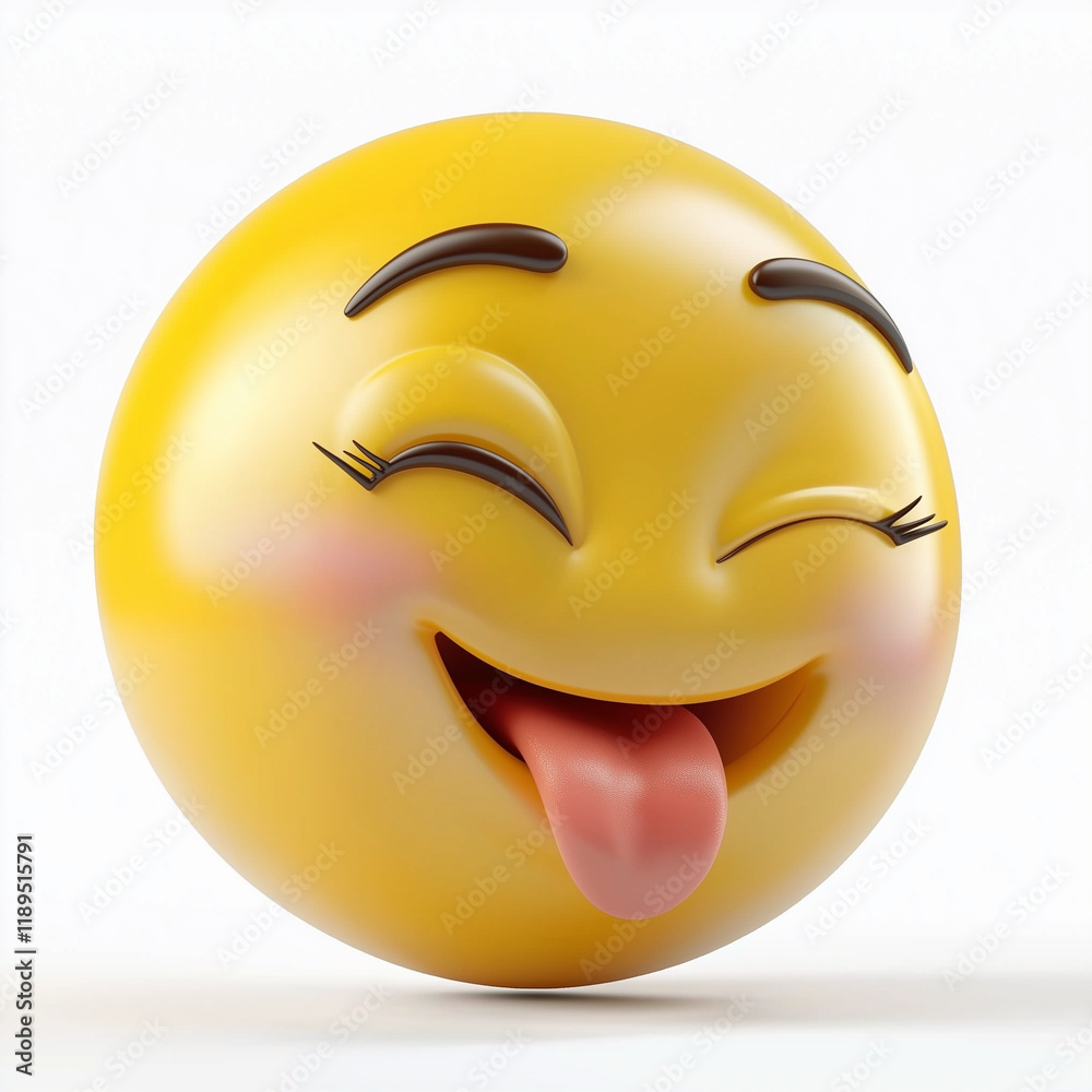 Fototapeta premium Yellow emoji with a wide-open mouth, tongue out, and closed eyes, radiating playful silliness and joy, set against a clean white backdrop