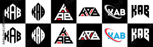 KAB letter logo design in six style. KAB polygon, circle, triangle, hexagon, flat and simple style with black and white color variation letter logo set in one artboard. KAB minimalist and classic logo