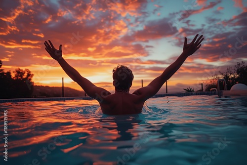 back of a happy, freedom-loving man, his arms raised in joyful celebration as he enjoys a refreshing swim in pool from a wide-angle view, vibrant colors of summer sunset cast a warm glow photo