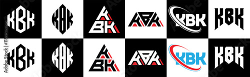 KBK letter logo design in six style. KBK polygon, circle, triangle, hexagon, flat and simple style with black and white color variation letter logo set in one artboard. KBK minimalist and classic logo