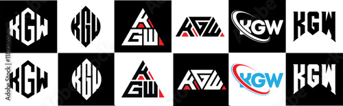 KGW letter logo design in six style. KGW polygon, circle, triangle, hexagon, flat and simple style with black and white color variation letter logo set in one artboard. KGW minimalist and classic logo