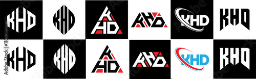 KHD letter logo design in six style. KHD polygon, circle, triangle, hexagon, flat and simple style with black and white color variation letter logo set in one artboard. KHD minimalist and classic logo