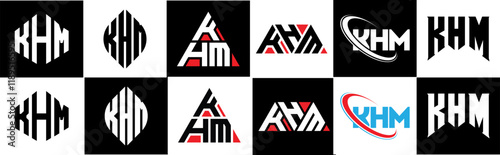 KHM letter logo design in six style. KHM polygon, circle, triangle, hexagon, flat and simple style with black and white color variation letter logo set in one artboard. KHM minimalist and classic logo photo