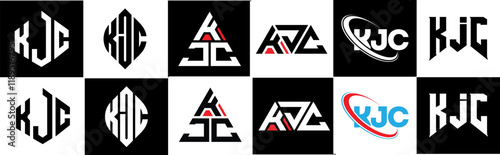 KJC letter logo design in six style. KJC polygon, circle, triangle, hexagon, flat and simple style with black and white color variation letter logo set in one artboard. KJC minimalist and classic logo