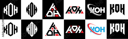 KOH letter logo design in six style. KOH polygon, circle, triangle, hexagon, flat and simple style with black and white color variation letter logo set in one artboard. KOH minimalist and classic logo