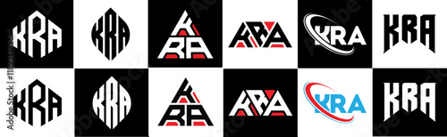 KRA letter logo design in six style. KRA polygon, circle, triangle, hexagon, flat and simple style with black and white color variation letter logo set in one artboard. KRA minimalist and classic logo