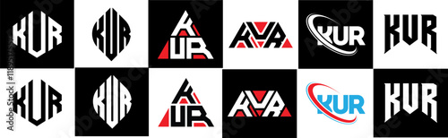 KUR letter logo design in six style. KUR polygon, circle, triangle, hexagon, flat and simple style with black and white color variation letter logo set in one artboard. KUR minimalist and classic logo