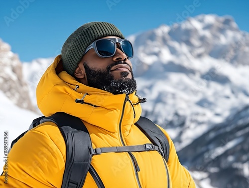 A man wearing a yellow jacket and a green beanie in the snow photo