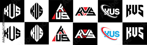 KUS letter logo design in six style. KUS polygon, circle, triangle, hexagon, flat and simple style with black and white color variation letter logo set in one artboard. KUS minimalist and classic logo