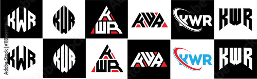 KWR letter logo design in six style. KWR polygon, circle, triangle, hexagon, flat and simple style with black and white color variation letter logo set in one artboard. KWR minimalist and classic logo