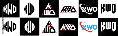 KWO letter logo design in six style. KWO polygon, circle, triangle, hexagon, flat and simple style with black and white color variation letter logo set in one artboard. KWO minimalist and classic logo