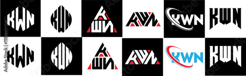 KWN letter logo design in six style. KWN polygon, circle, triangle, hexagon, flat and simple style with black and white color variation letter logo set in one artboard. KWN minimalist and classic logo