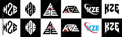 KZE letter logo design in six style. KZE polygon, circle, triangle, hexagon, flat and simple style with black and white color variation letter logo set in one artboard. KZE minimalist and classic logo