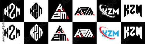 KZM letter logo design in six style. KZM polygon, circle, triangle, hexagon, flat and simple style with black and white color variation letter logo set in one artboard. KZM minimalist and classic logo