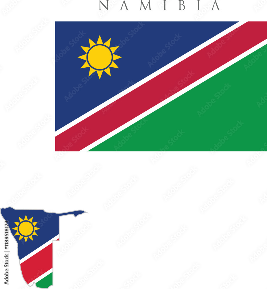 National flag of Namibia vector . flag and map of Namibia on white background arts . rectangular flag ,map design . official color of Namibia flag and map . independence day of Namibia banner, art, 