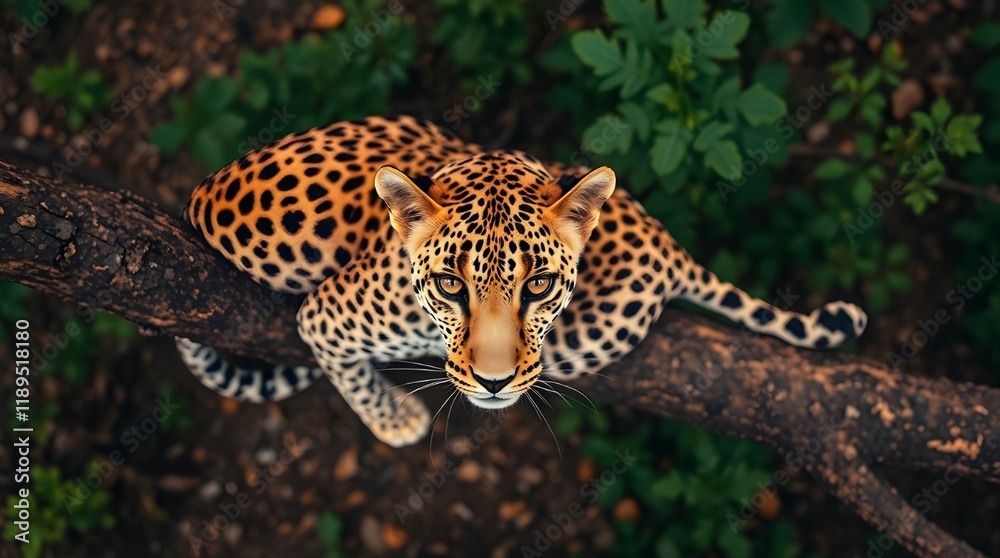 Obraz premium Blurred bokeh effect, gentle soft light. A leopard, light tan fur with black spots, rests on a brown branch, head left. Diffused shadows, sharp subject focus, soft background