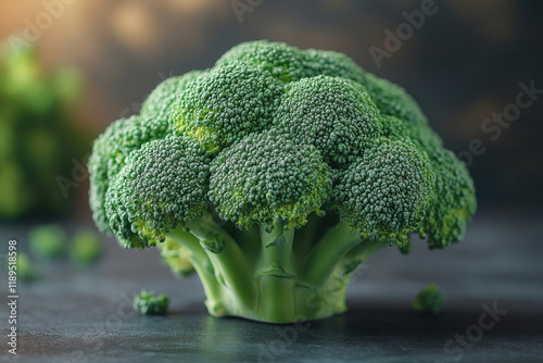 A close-up of a head of fresh broccoli. The green vegetable has a firm texture, its florets are compactly arranged, and its color is rich and bright green, indicating its freshness.   photo