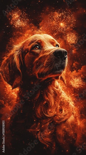 Majestic Golden Retriever in Fiery Cosmic Background - Stunning Canine Portrait with Vibrant Red and Orange Celestial Theme, Perfect for Art Lovers and Dog Enthusiasts photo