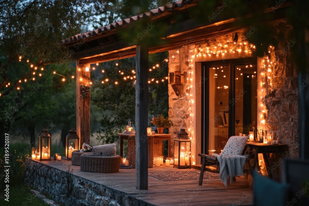 outdoor porch with string lights and lanterns at night outdoor porch with string lights and lanterns at night