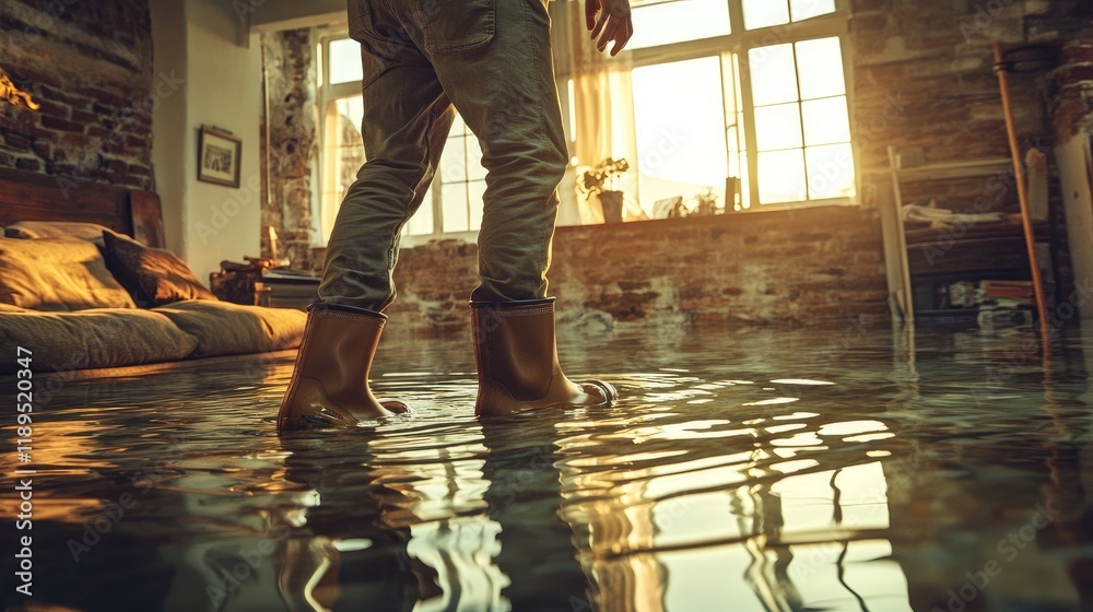 Obraz premium Person wading through floodwater in a sunlit room.