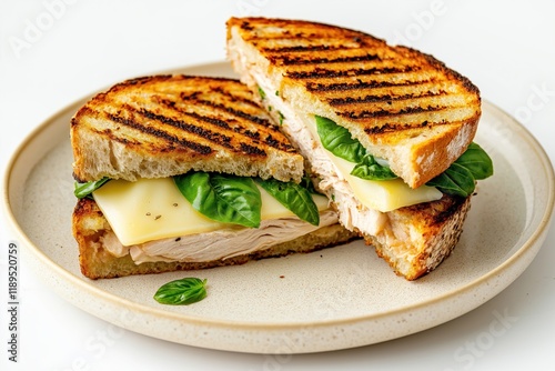 Grilled turkey panini with provolone cheese, basil. Toasted sandwich on plate. Perfect for lunch dinner. Fresh ingredients. Homemade food. Delicious, healthy. Isolated on white background. Close-up photo