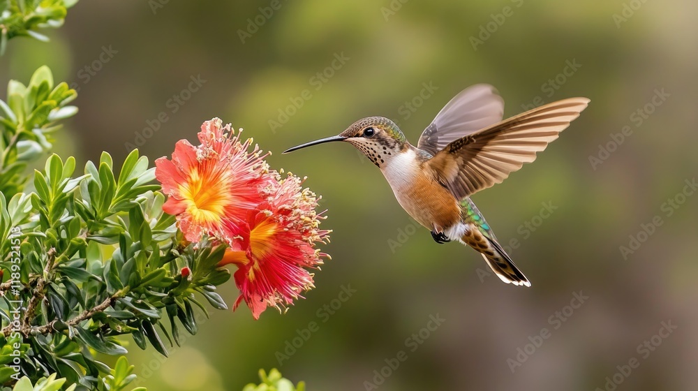 Obraz premium vibrant shot of hummingbird hovering mid-flight near bright red flower with blurred greenery in background