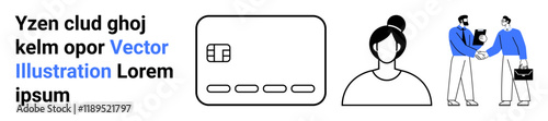 Abstract sample text beside a digital credit card graphic and business characters having a conversation. Ideal for marketing, finance, user profiles, UI design, e-commerce, customer interaction