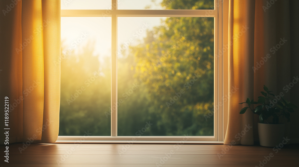 Obraz premium warm sunlight streams through window, illuminating cozy interior with curtains and small plant.