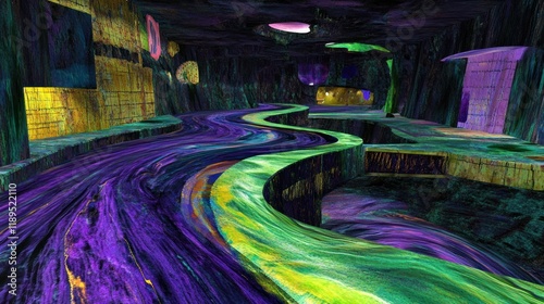 Vibrant Abstract Tunnel with Swirling Pathway in a Futuristic Setting