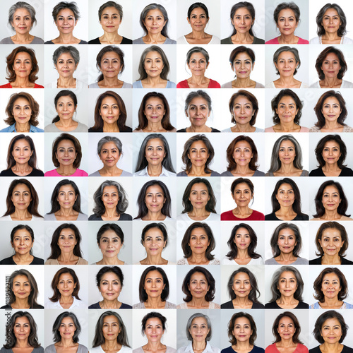 realistic ID photos of many attractive mature hispanic women. The background is white. The portraits style are usually used for passport photography.