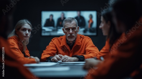 Business team meets in room to discuss serious emergency response plan. Attendees wear orange jumpsuits, serious expressions. Emergency response scenarios shown on screen. Tabletop exercise