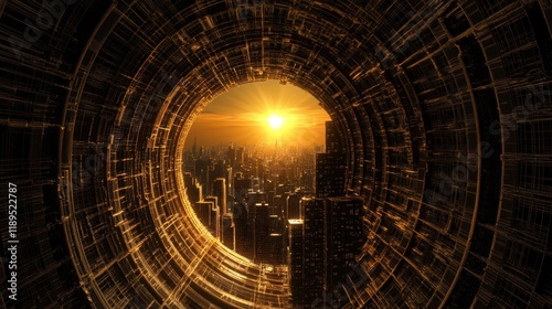 Futuristic Cityscape at Sunset Viewed Through a Metallic Tunnel - A Vibrant Urban Landscape.