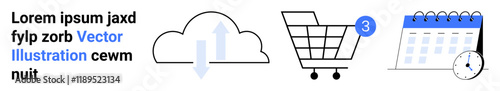 Cloud download, shopping cart with 3 notifications, calendar with clock. Ideal for cloud storage, online shopping, e-commerce, time management, scheduling, business planning, and productivity