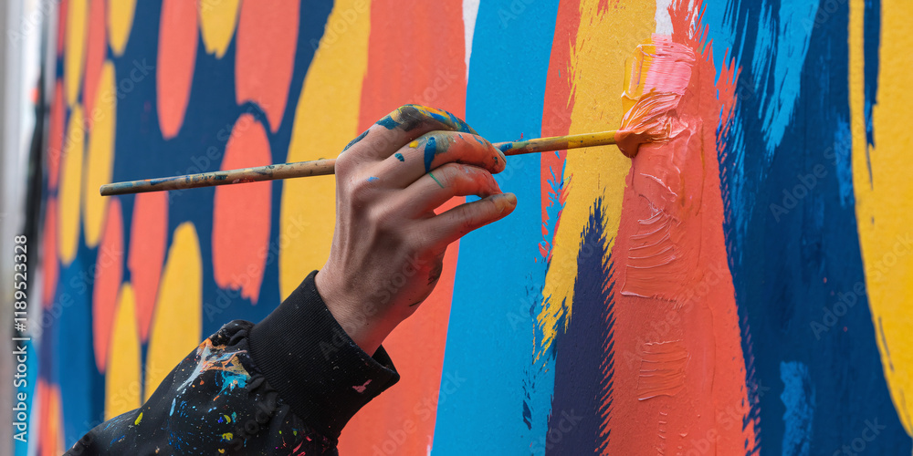 Fototapeta premium Young Artist Creating Vibrant Street Mural. Close-up of an artist's hand applying a stroke of bright magenta paint to a colorful, abstract mural.