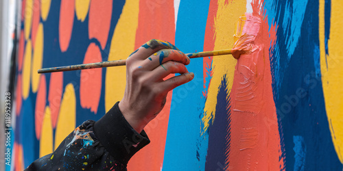 Young Artist Creating Vibrant Street Mural. Close-up of an artist's hand applying a stroke of bright magenta paint to a colorful, abstract mural.