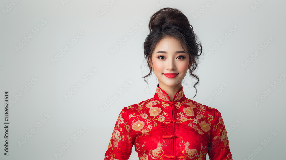 woman in traditional red dress with floral patterns, smiling gracefully. Her hair is styled elegantly, showcasing cultural beauty. woman in traditional red dress with floral patterns, smiling gracefully. Her hair is styled elegantly, showcasing cultural beauty.