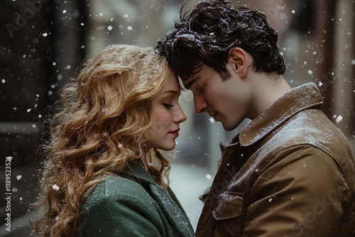 A photo of a couple in love. They stand close to each other and look at one another with tenderness. It is snowing outside.