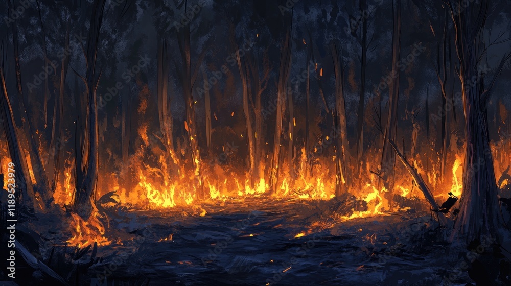 A forest engulfed in flames, depicting the destructive force of wildfire. A forest engulfed in flames, depicting the destructive force of wildfire.