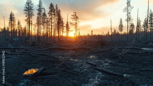 Post apocalyptic landscape. Scorched earth and dead trees after nuclear event. Sun sets behind silhouettes of tall trees. Burnt debris covers ground. Bleak wasteland is shown. Life is destroyed. photo