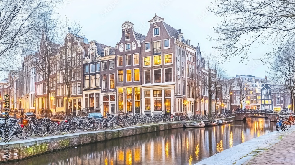 Fototapeta premium Amsterdam canal, evening lights, bicycles, winter. Travel photography